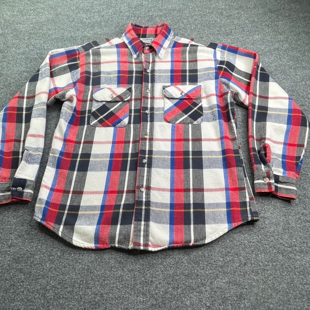 Five Brother Flannel Shirt Men's L Red White Blue Plaid Union made USA Heavy